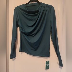 HALARA Green Cowl Neck Ruched Long Sleeve Top